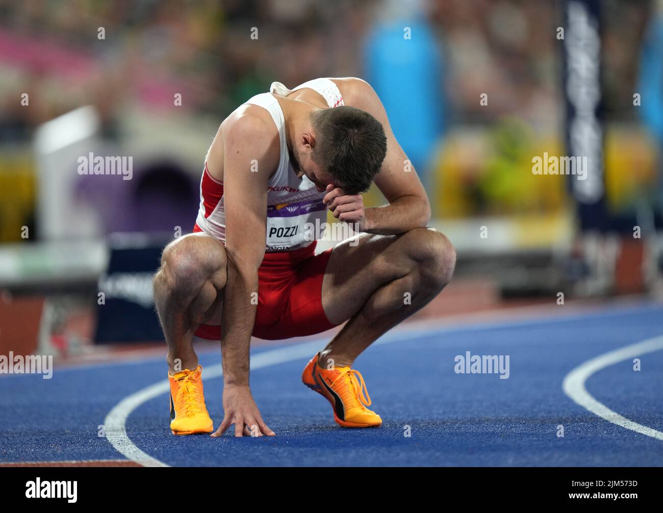 England's Andrew Pozzi waits before being awarded bronze in the Men's 110m Hurdles Final at Alexander Stadium on day seven of the 2022 Commonwealth Games in Birmingham. Picture date: Thursday August 4, 2022. Stock Photo