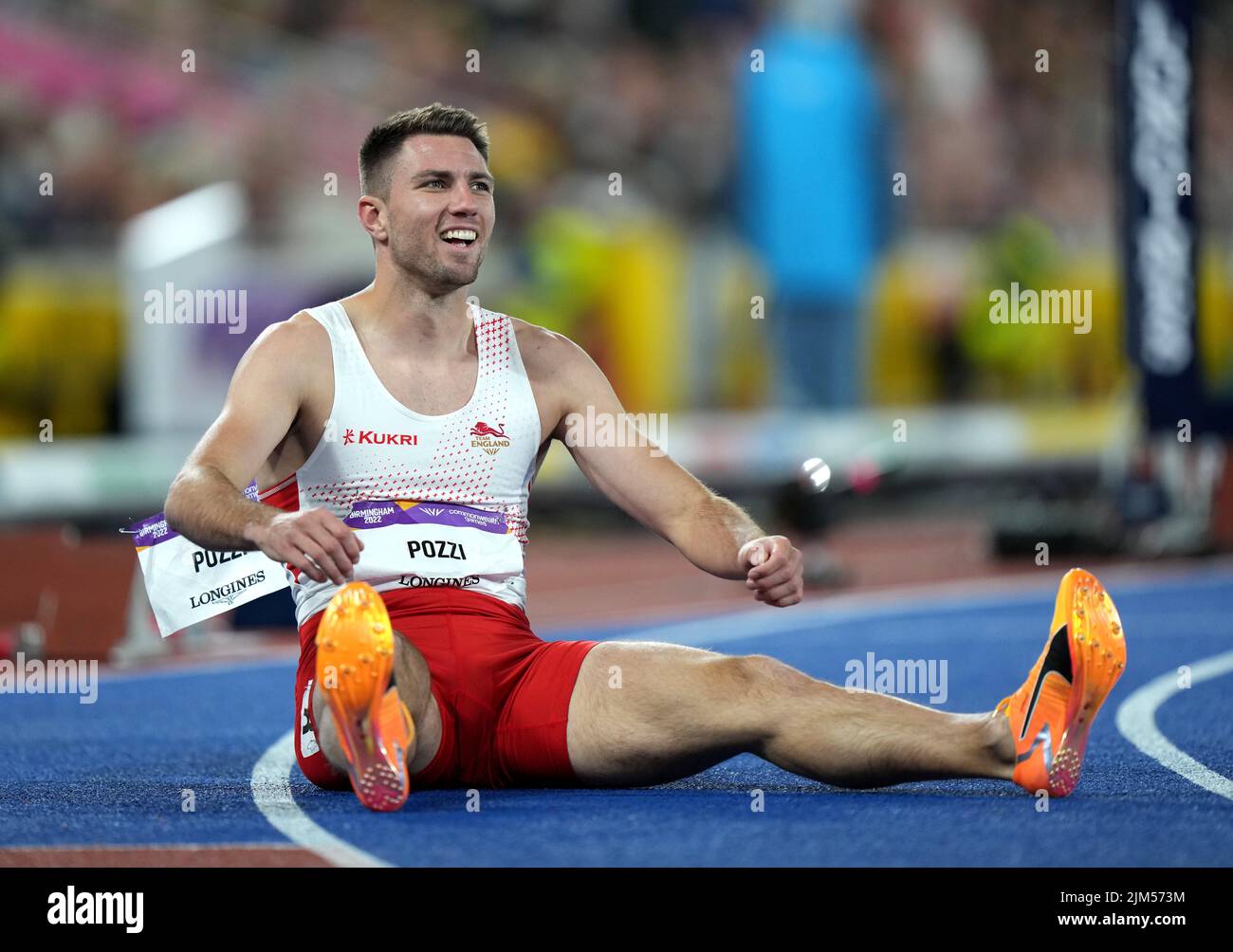 England's Andrew Pozzi celebrates winning bronze in the Men's 110m Hurdles Final at Alexander Stadium on day seven of the 2022 Commonwealth Games in Birmingham. Picture date: Thursday August 4, 2022. Stock Photo