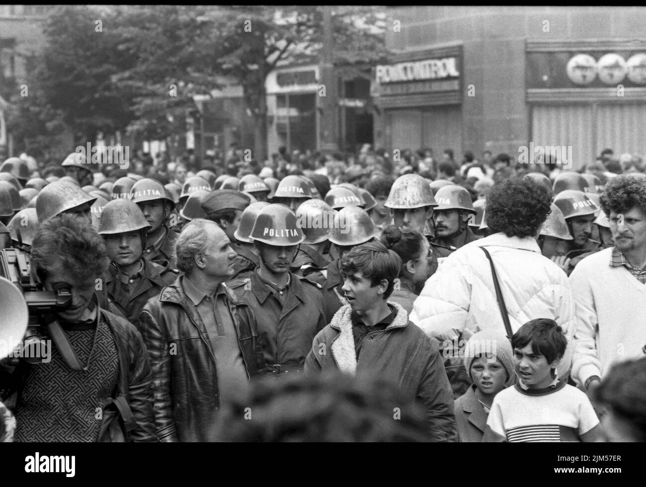 Bucharest, Romania, May 1990. Police forces during 'Golaniada', a major anti-communism protest  in the University Square following the Romanian Revolution of 1989. People would gather daily to protest the ex-communists that took the power after the Revolution. Stock Photo