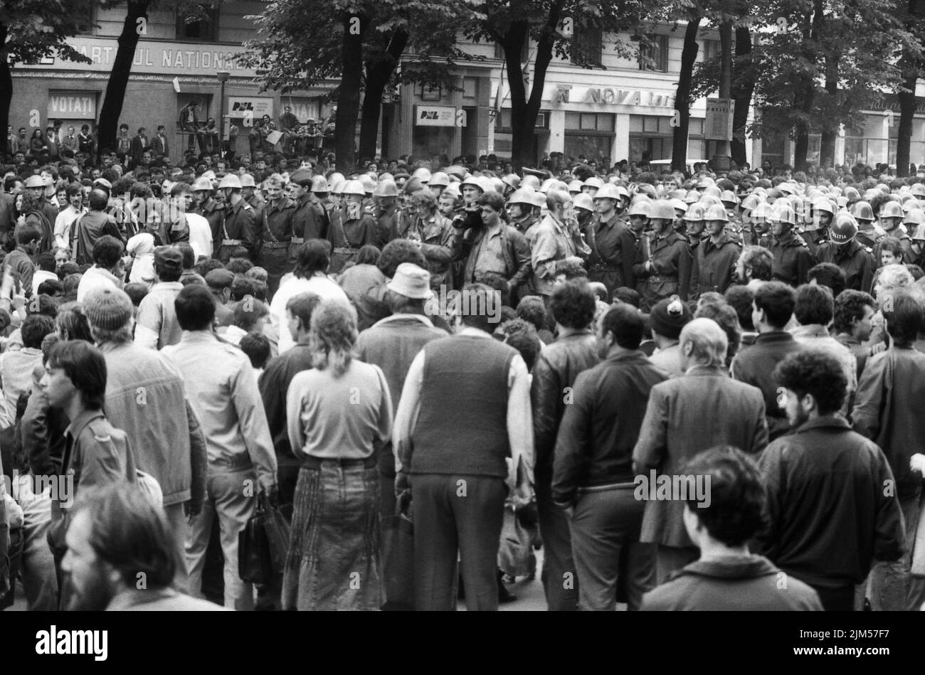 Bucharest, Romania, May 1990. Police forces during 'Golaniada', a major anti-communism protest  in the University Square following the Romanian Revolution of 1989. People would gather daily to protest the ex-communists that took the power after the Revolution. Stock Photo