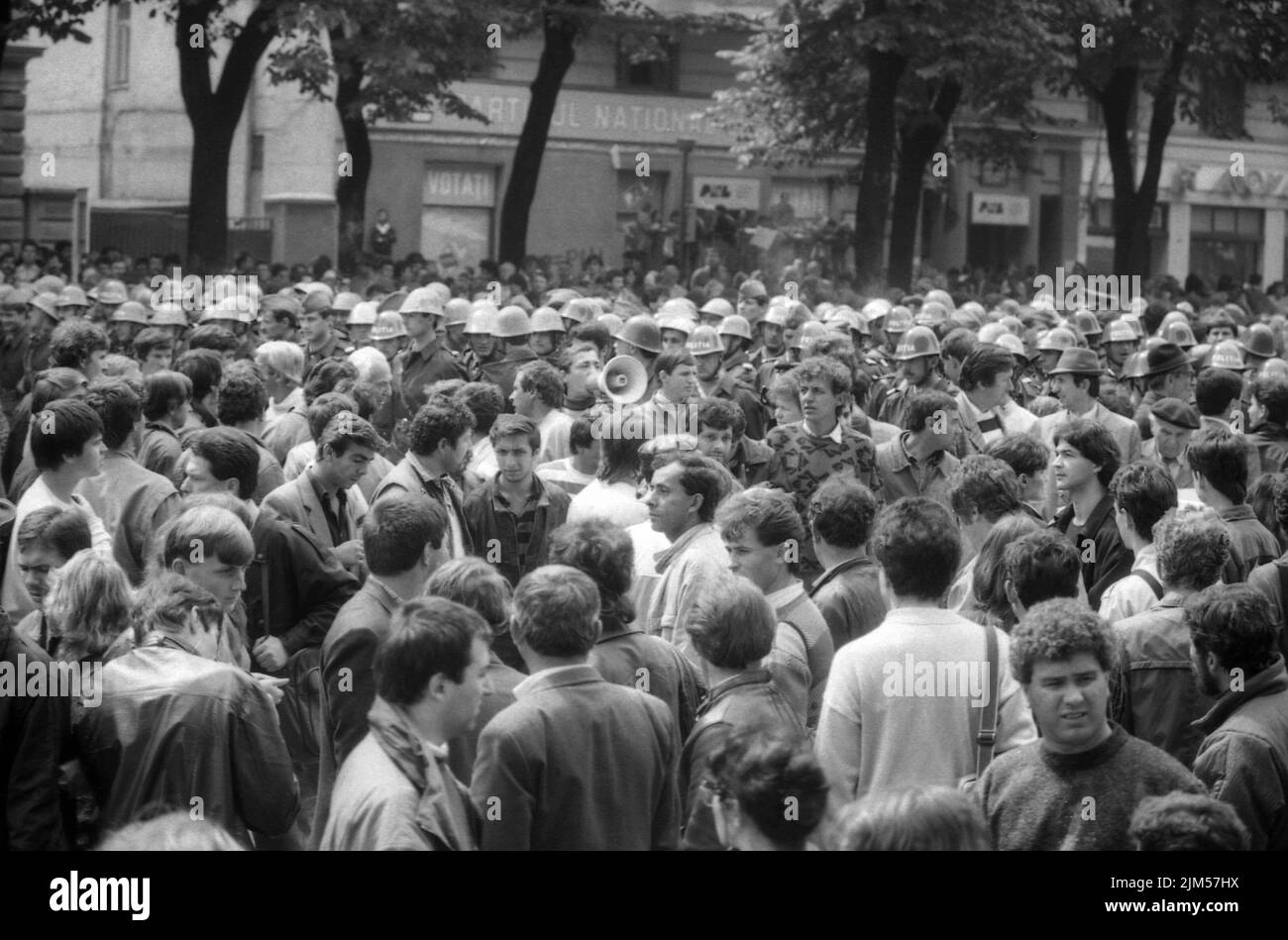 Bucharest, Romania, May 1990. Police forces during 'Golaniada', a major anti-communism protest  in the University Square following the Romanian Revolution of 1989. People would gather daily to protest the ex-communists that took the power after the Revolution. Stock Photo