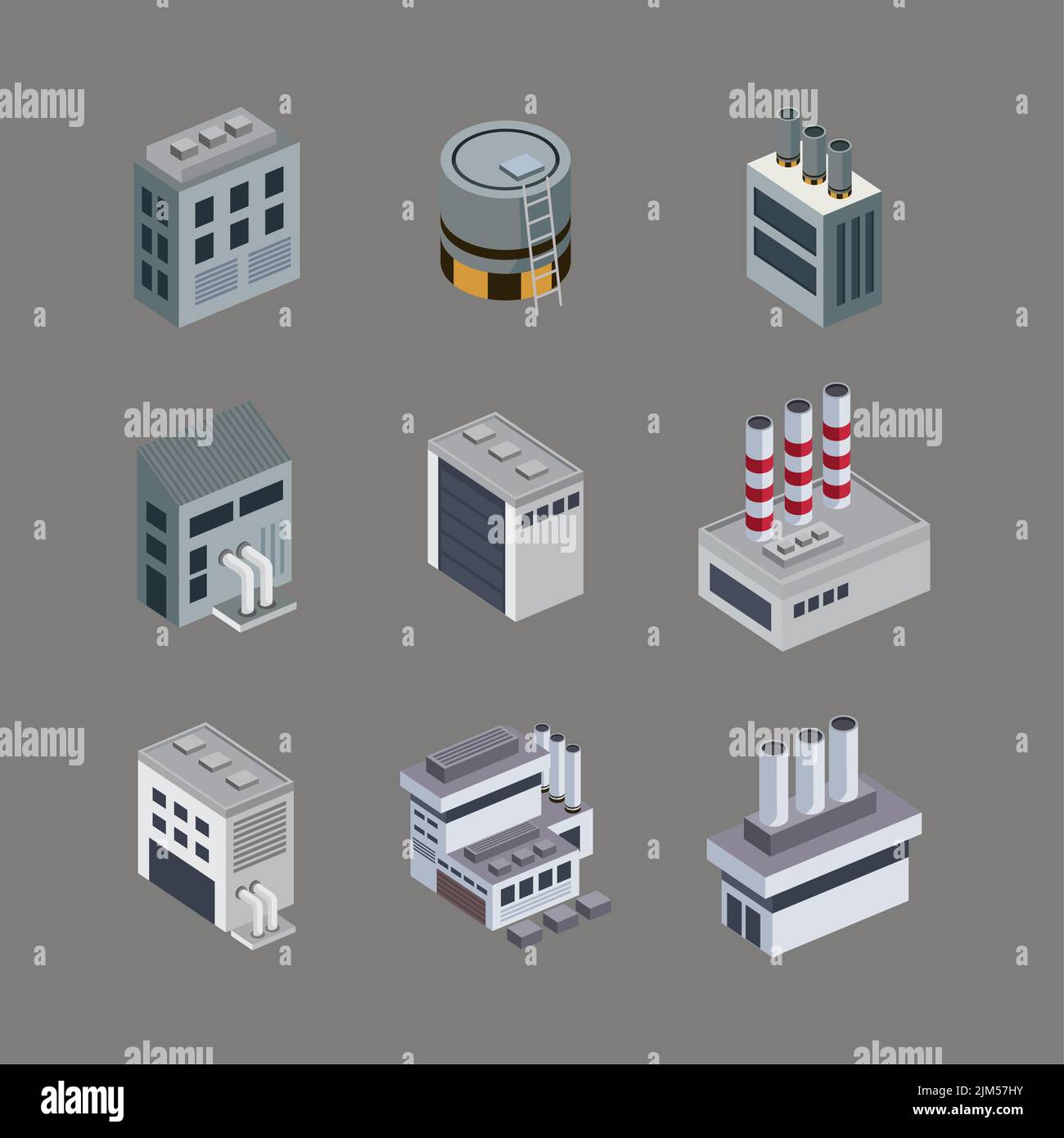 nine isometric industrial buildings Stock Vector