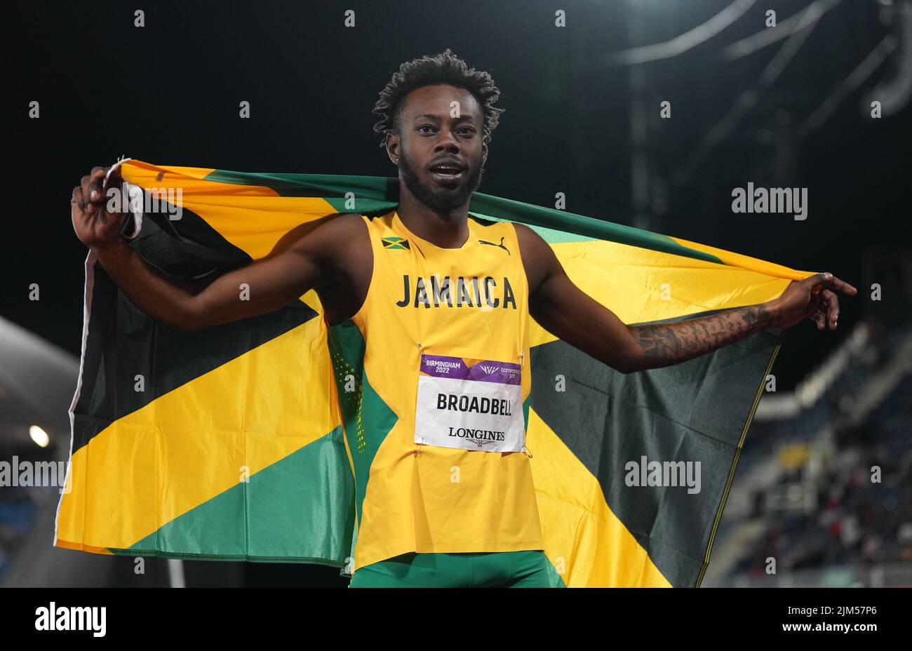 Jamaica's Rasheed Broadbell celebrates winning gold in the Men's 110m Hurdles Final at Alexander Stadium on day seven of the 2022 Commonwealth Games in Birmingham. Picture date: Thursday August 4, 2022. Stock Photo