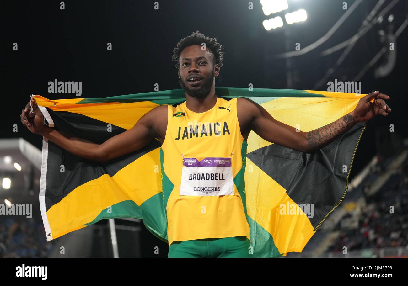 Jamaica's Rasheed Broadbell celebrates winning gold in the Men's 110m Hurdles Final at Alexander Stadium on day seven of the 2022 Commonwealth Games in Birmingham. Picture date: Thursday August 4, 2022. Stock Photo
