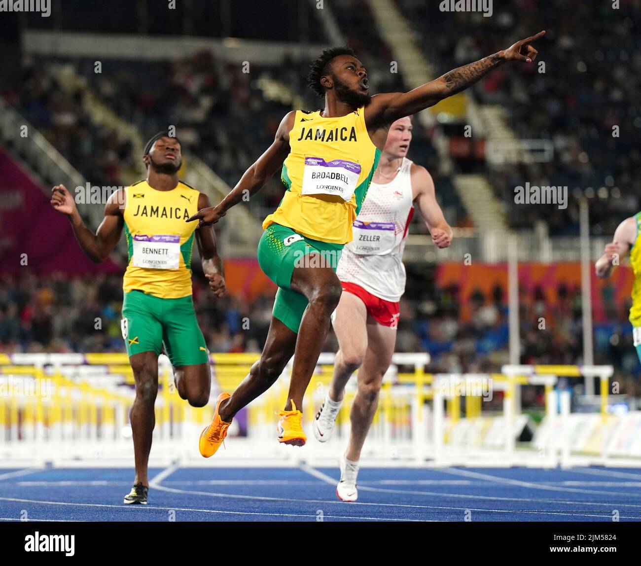 Jamaica's Rasheed Broadbell crosses the line to win gold in the Men's 110m Hurdles Final at Alexander Stadium on day seven of the 2022 Commonwealth Games in Birmingham. Picture date: Thursday August 4, 2022. Stock Photo