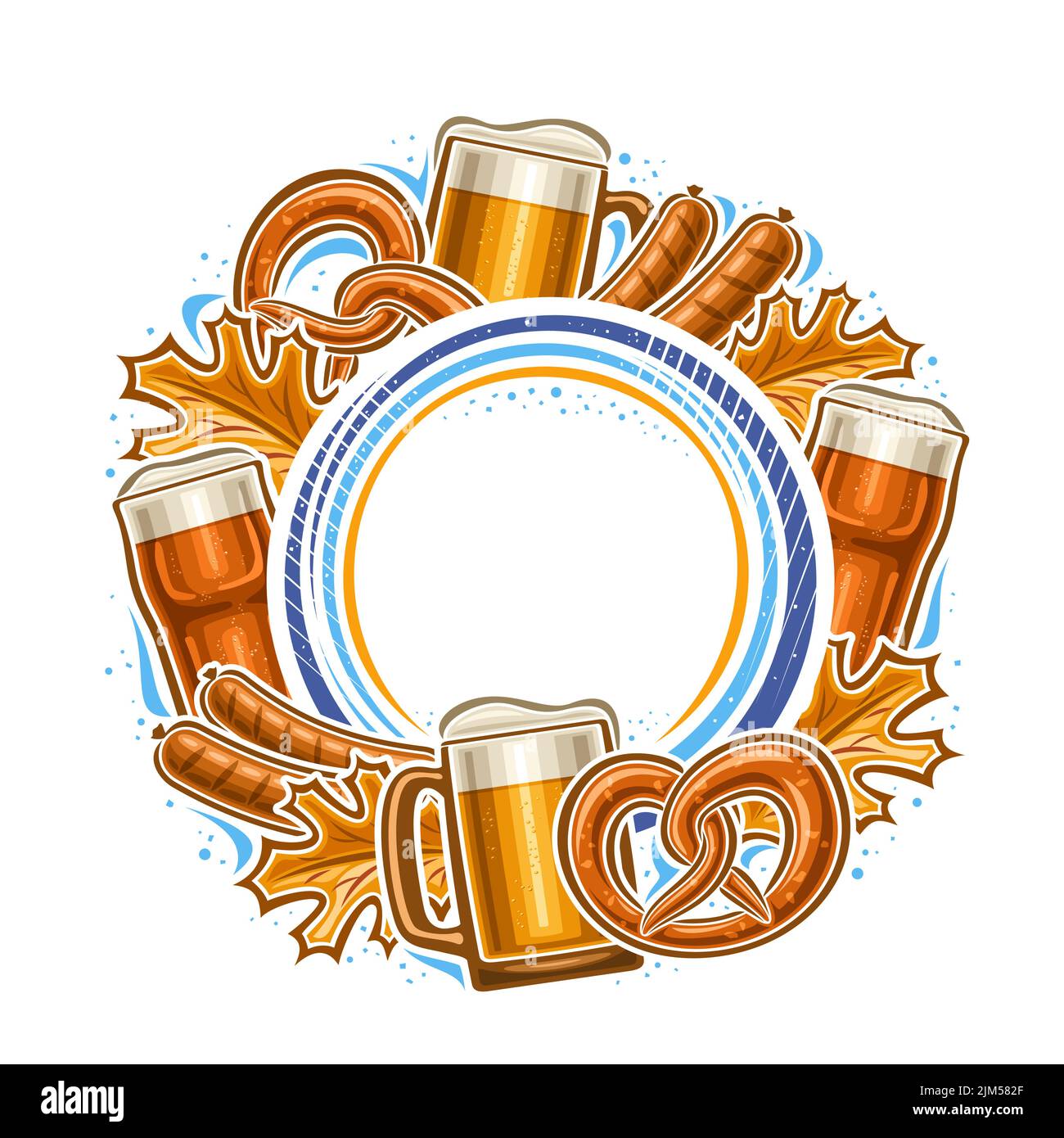 Vector frame for Oktoberfest with copy space for advertising text, decorative label with illustration of foam beer mug, oktoberfest pretzel, dry autum Stock Vector