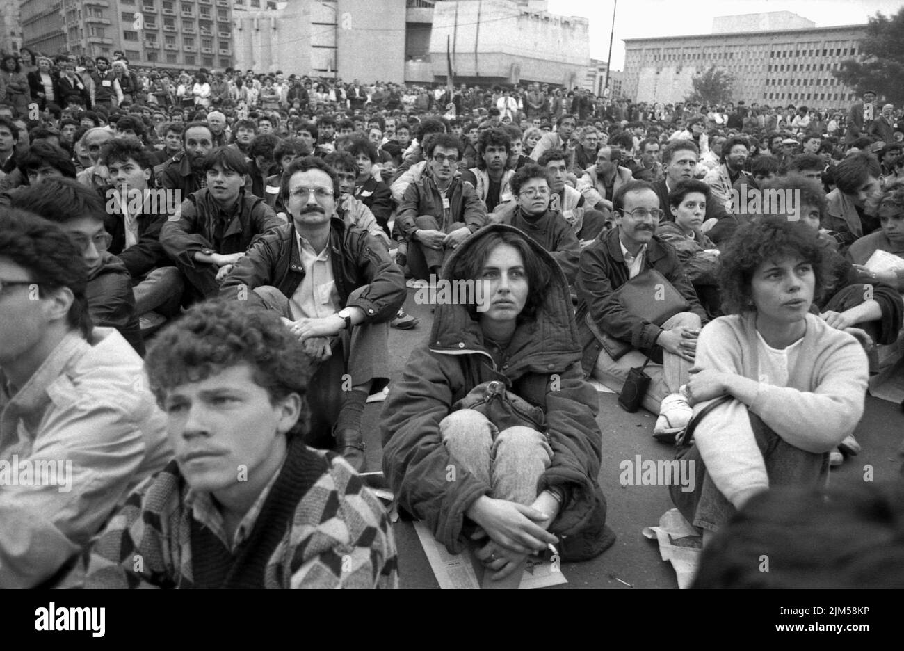Bucharest, Romania, April 1990. 'Golaniada', a major anti-communism protest  in the University Square following the Romanian Revolution of 1989. People would gather daily to protest the ex-communists that took the power after the Revolution. The main demand was that no former party member would be allowed to run in the elections of May 20th. Stock Photo