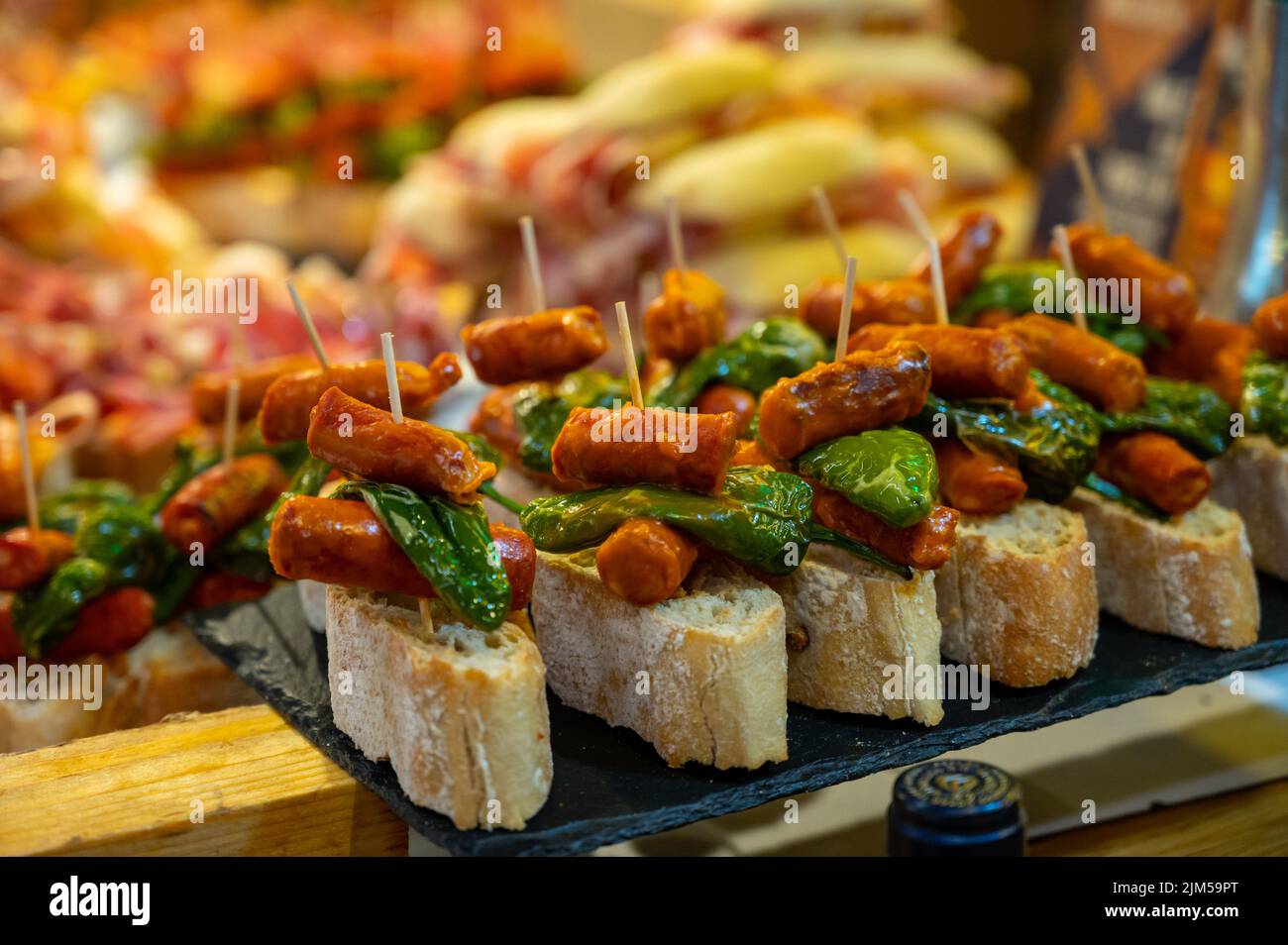 Assortment of typical snacks of Basque Country and Navarre, pinchos or