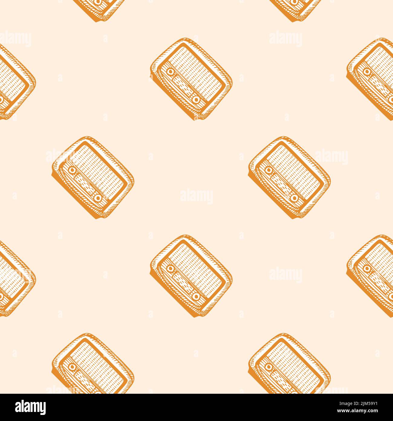 Retro radio engraved seamless pattern. Vintage media equipment in hand