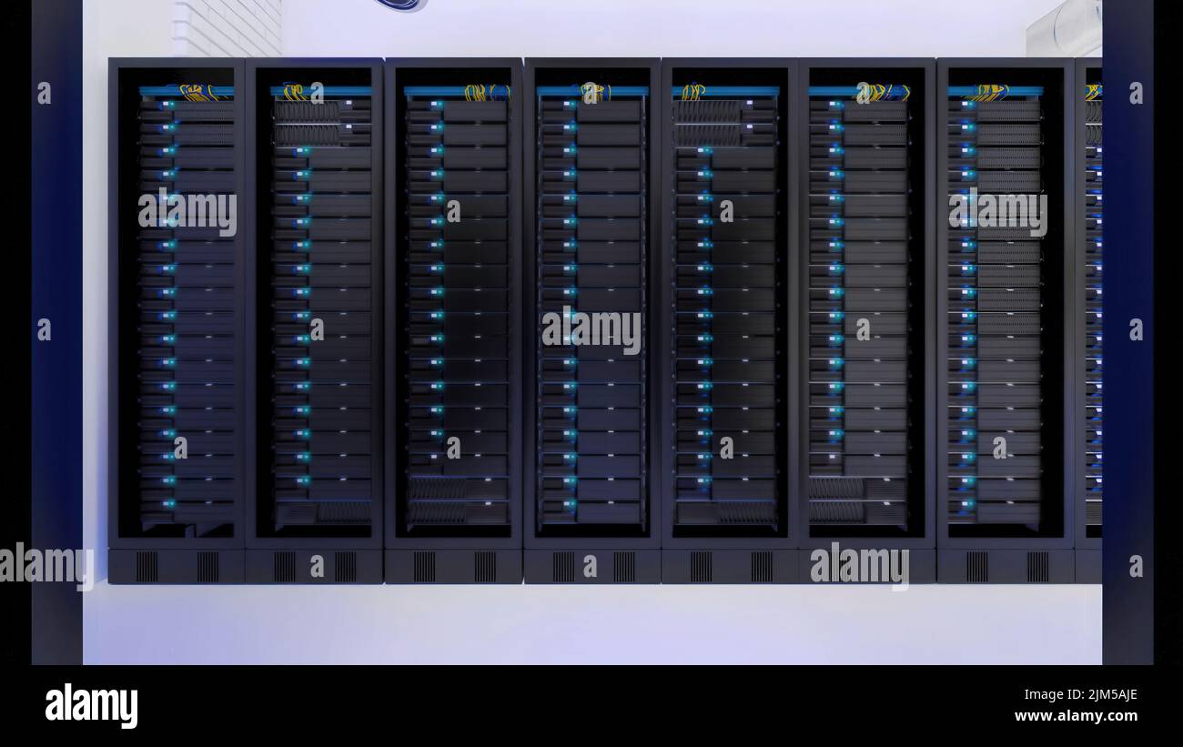 A front view of computer racks in the server room data protection