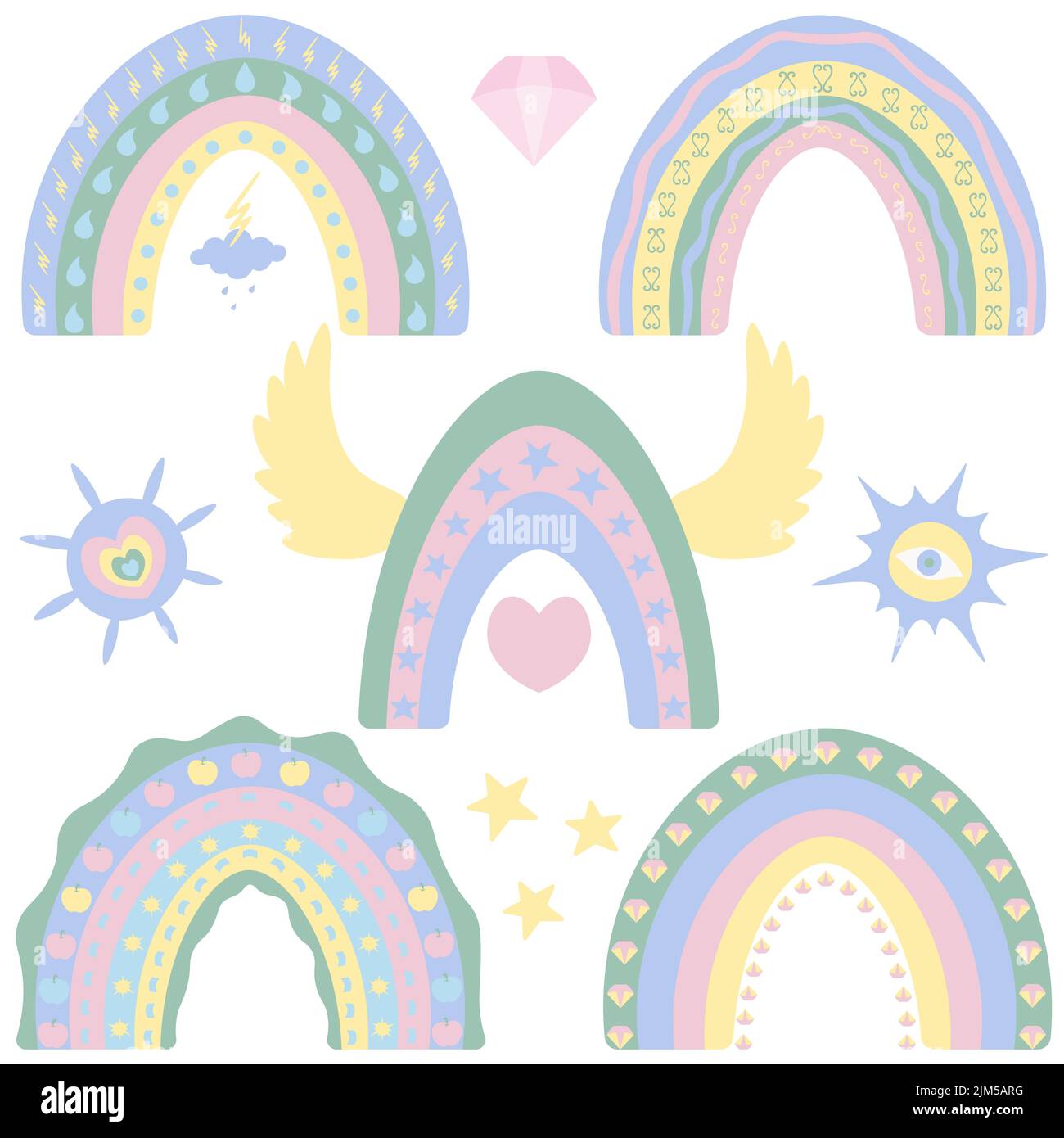 Rainbow. Vector set of illustrations. Isolated white background. Boho ...