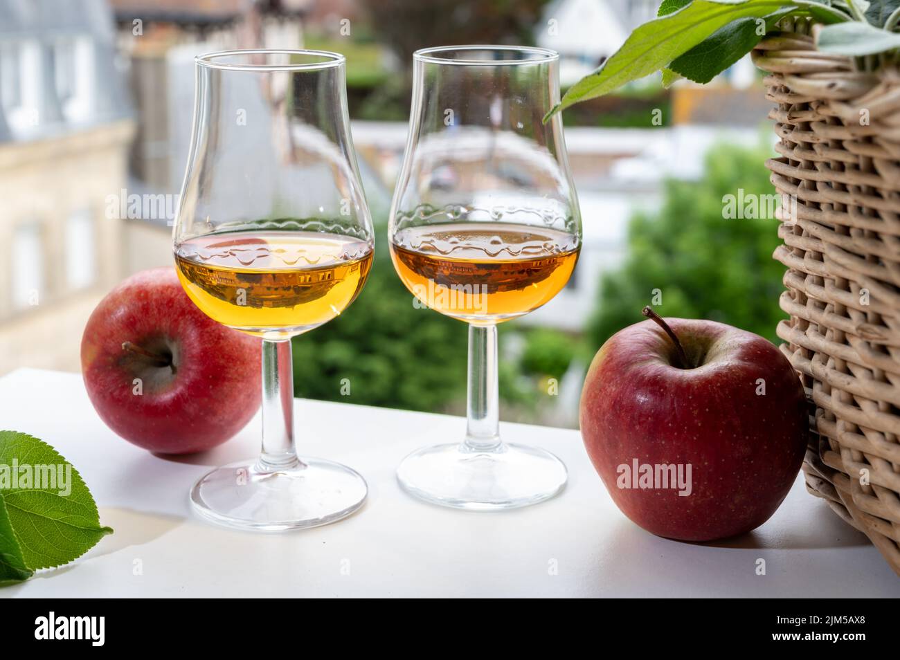 Tasting of strong alcoholic drink calvados made from apples in Normandy