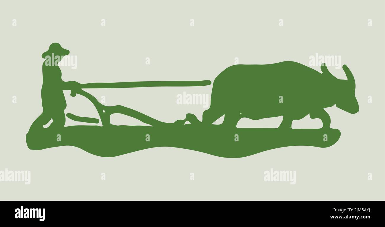 An illustration of a plowman and reaper with bulls on the green