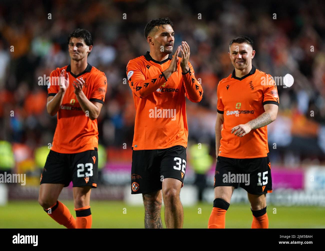 Dundee United's Tony Watt (centre) at full-time after the UEFA Europa Conference League third qualifying round, first leg match at Tannadice Park, Dundee. Picture date: Thursday August 4, 2022. Stock Photo