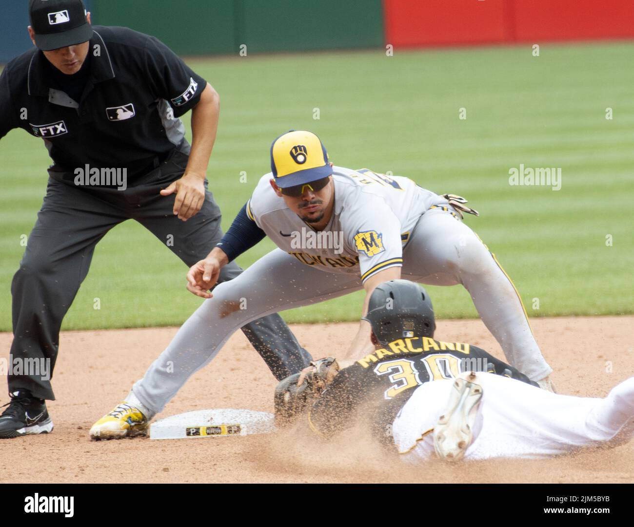 Pittsburgh, United States. 04th Aug, 2022. Pittsburgh Pirates second baseman Tucupita Marcano (30) is out at second base in the the 5-4 win at PNC Park on Thursday August 4, 2022 in Pittsburgh. Photo by Archie Carpenter/UPI Credit: UPI/Alamy Live News Stock Photo