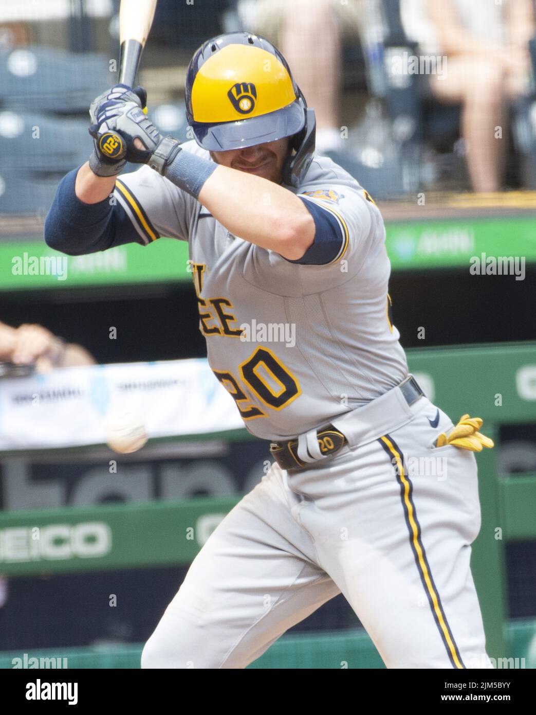 Pittsburgh, United States. 04th Aug, 2022. Milwaukee Brewers third baseman Mike Brosseau (20) is hit by the pitch in the ninth inning of the Pittsburgh Pirates 5-4 win at PNC Park on Thursday August 4, 2022 in Pittsburgh. Photo by Archie Carpenter/UPI Credit: UPI/Alamy Live News Stock Photo