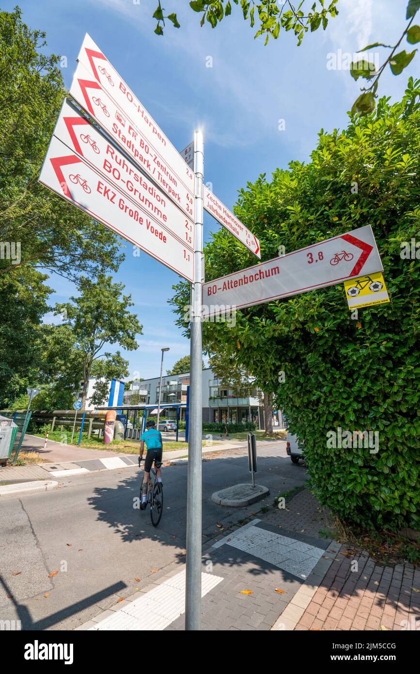 Cycling in the Ruhr area, Lothringentrasse, in the north of Bochum, Bochum-Grumme, signpost to the cycle path network, former railway line, connects t Stock Photo