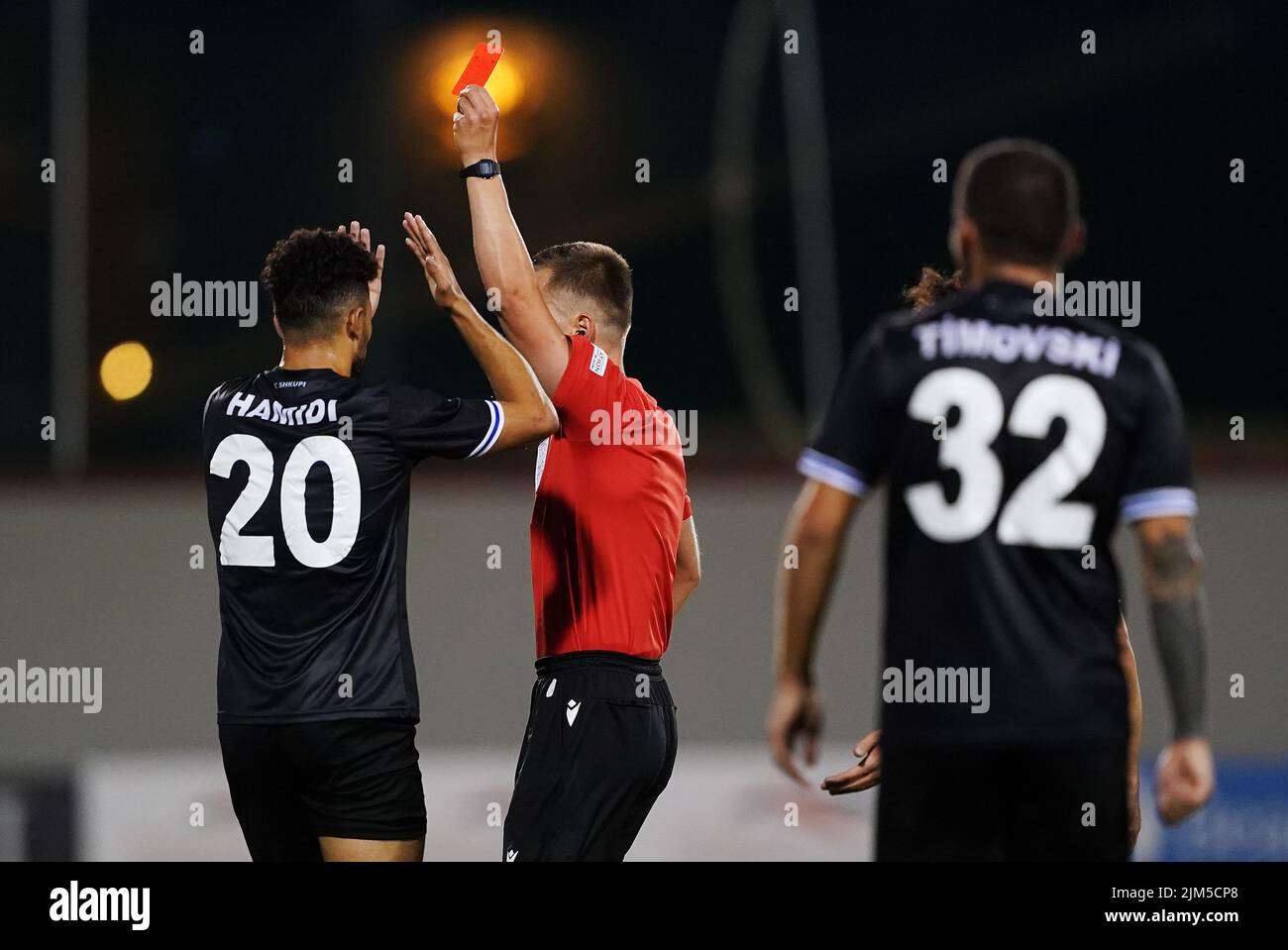 Shkupi's Walid Hamidi is shown the red card during the UEFA Europa League third qualifying round, first leg match at the Tallaght Stadium in Dublin, Ireland. Picture date: Thursday August 4, 2022. Stock Photo
