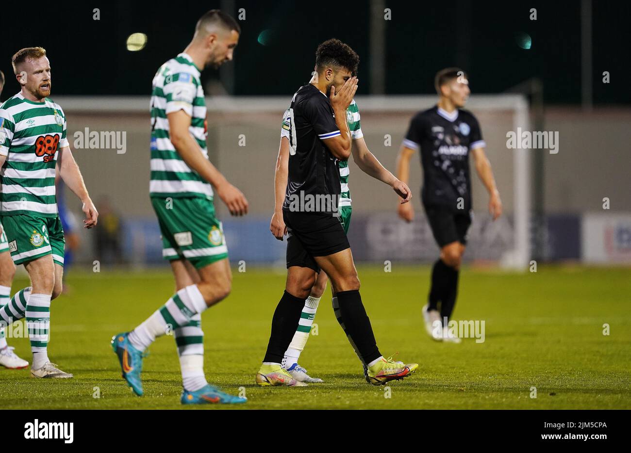 Shkupi's Walid Hamidi reacts after receiving a red card during the UEFA Europa League third qualifying round, first leg match at the Tallaght Stadium in Dublin, Ireland. Picture date: Thursday August 4, 2022. Stock Photo