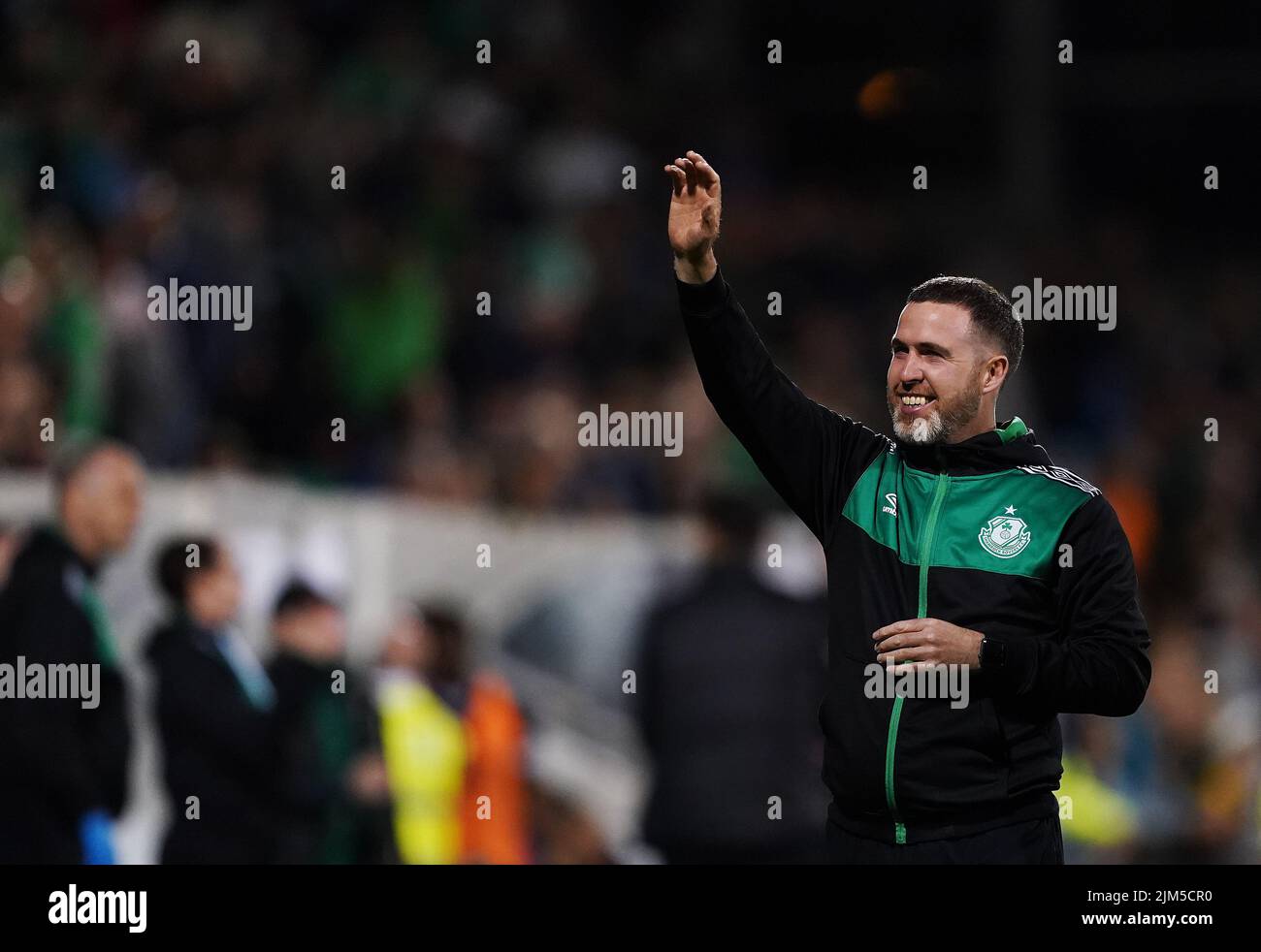 Shamrock Rovers' manager Stephen Bradley celebrates after the UEFA Europa League third qualifying round, first leg match at the Tallaght Stadium in Dublin, Ireland. Picture date: Thursday August 4, 2022. Stock Photo