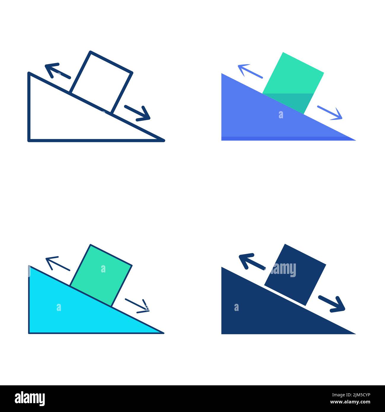 Frictional force icon set in flat and line style. Law of physics symbol. Block sliding on incline plane. Vector illustration. Stock Vector