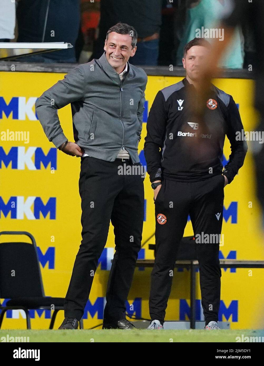 Dundee United manager Jack Ross after his team scored during the UEFA Europa Conference League third qualifying round, first leg match at Tannadice Park, Dundee. Picture date: Thursday August 4, 2022. Stock Photo