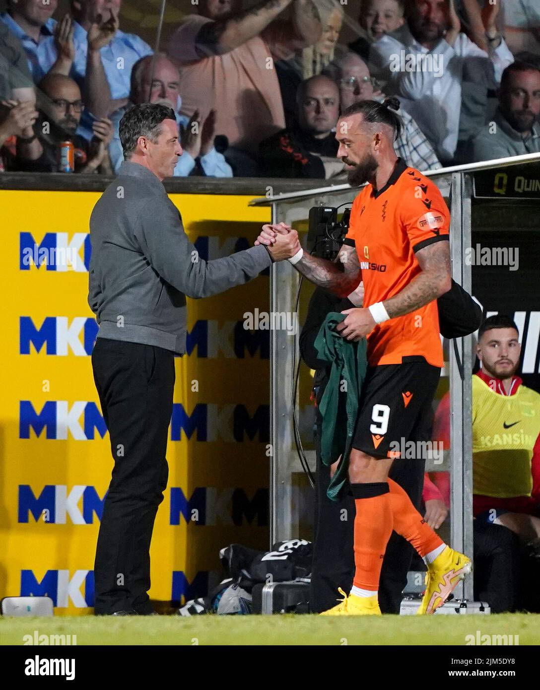 Dundee United's Steven Fletcher with manager Jack Ross after being substituted during the UEFA Europa Conference League third qualifying round, first leg match at Tannadice Park, Dundee. Picture date: Thursday August 4, 2022. Stock Photo