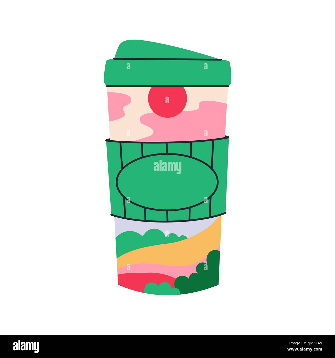 A cup of coffee to go with a spring landscape inside. Cup sleeve with place for text. Vector illustration. Stock Vector