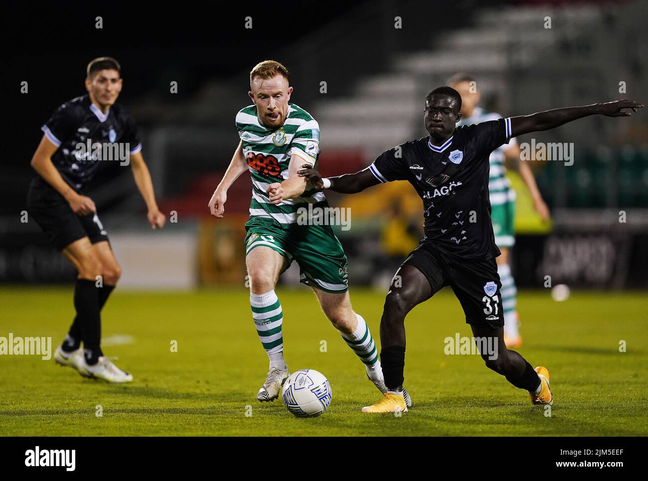 Shamrock Rovers' Sean Hoare in action against Shkupi's Diene Albert Lamane during the UEFA Europa League third qualifying round, first leg match at the Tallaght Stadium in Dublin, Ireland. Picture date: Thursday August 4, 2022. Stock Photo