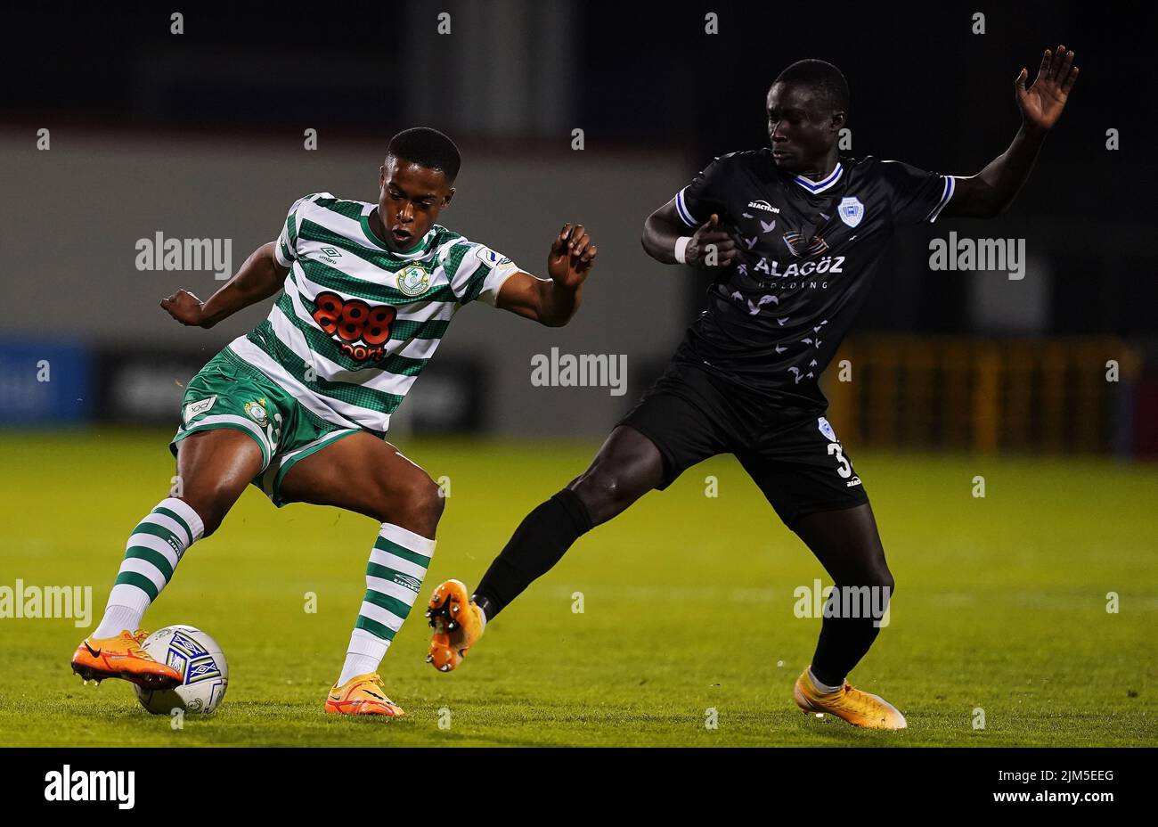 Shamrock Rovers' Aidomo Emakhu in action against Shkupi's Diene Albert Lamane during the UEFA Europa League third qualifying round, first leg match at the Tallaght Stadium in Dublin, Ireland. Picture date: Thursday August 4, 2022. Stock Photo