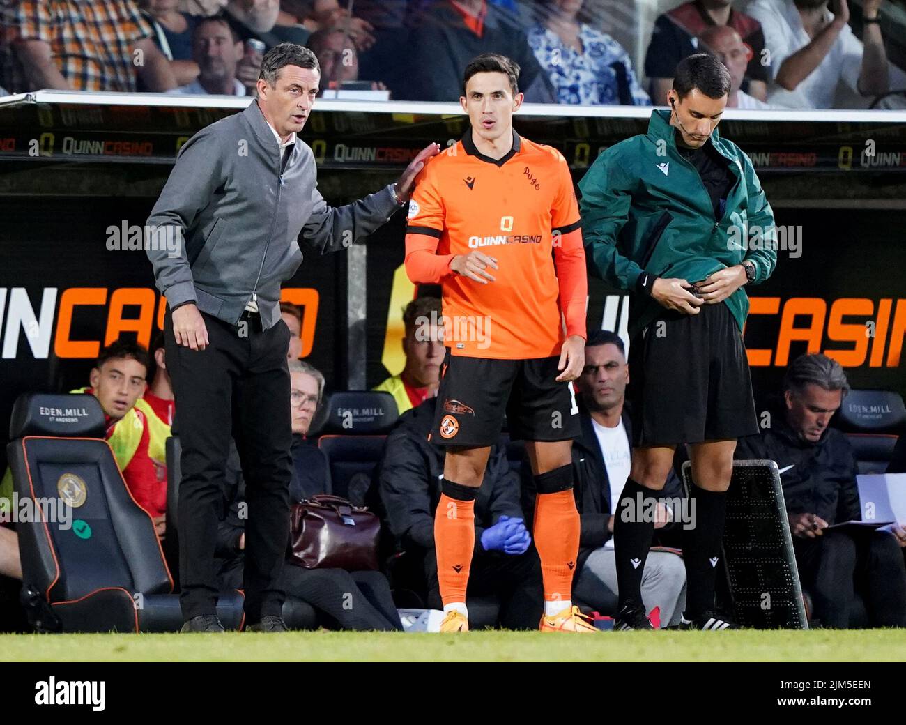 Dundee United manager Jack Ross with Jamie McGrath during the UEFA Europa Conference League third qualifying round, first leg match at Tannadice Park, Dundee. Picture date: Thursday August 4, 2022. Stock Photo