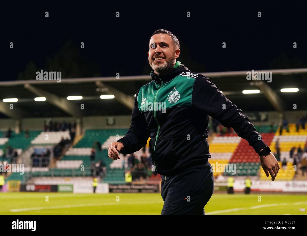 Shamrock Rovers' manager Stephen Bradley celebrates after the UEFA Europa League third qualifying round, first leg match at the Tallaght Stadium in Dublin, Ireland. Picture date: Thursday August 4, 2022. Stock Photo