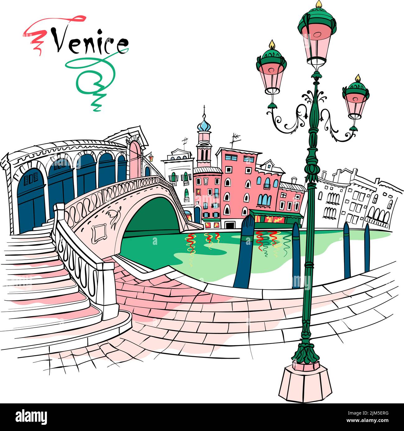 Vector typical venetian streetlight and Rialto Bridge over the Grand Canal in Venice, Italia. Stock Vector