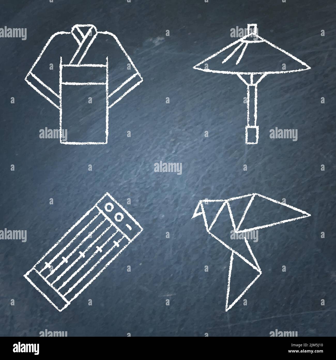 Japan national symbols chalkboard icon set. Traditional umbrella