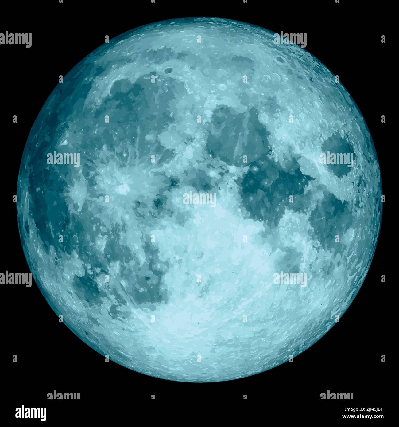 Full moon illustration isolated on black background. Blue realistic fantasy moon. Twenty five colors. Stock Vector
