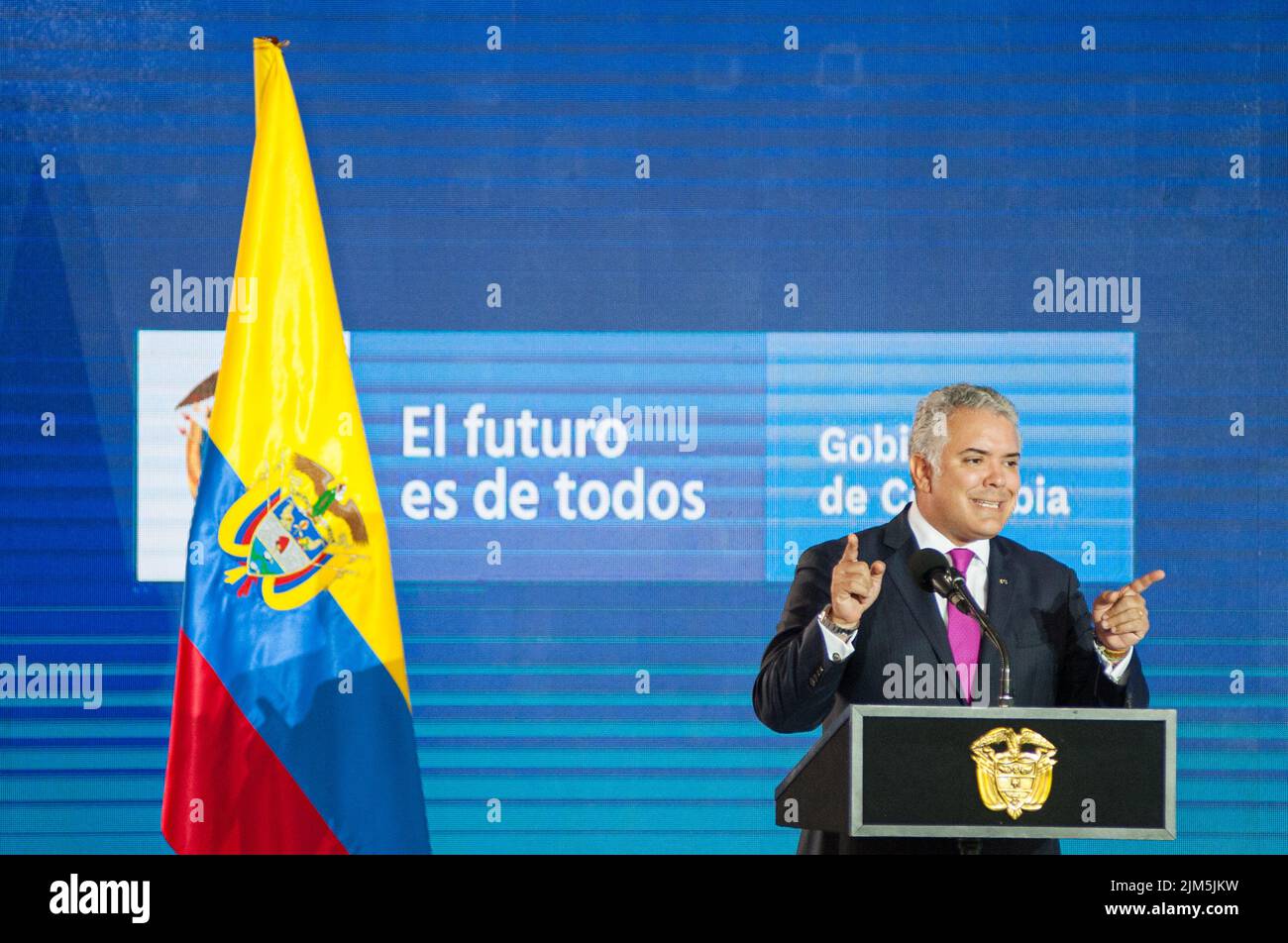 Colombian president Ivan Duque Marquez gives a speech during a finance cooperation between Colombian Government and the government of Bogota for the d Stock Photo