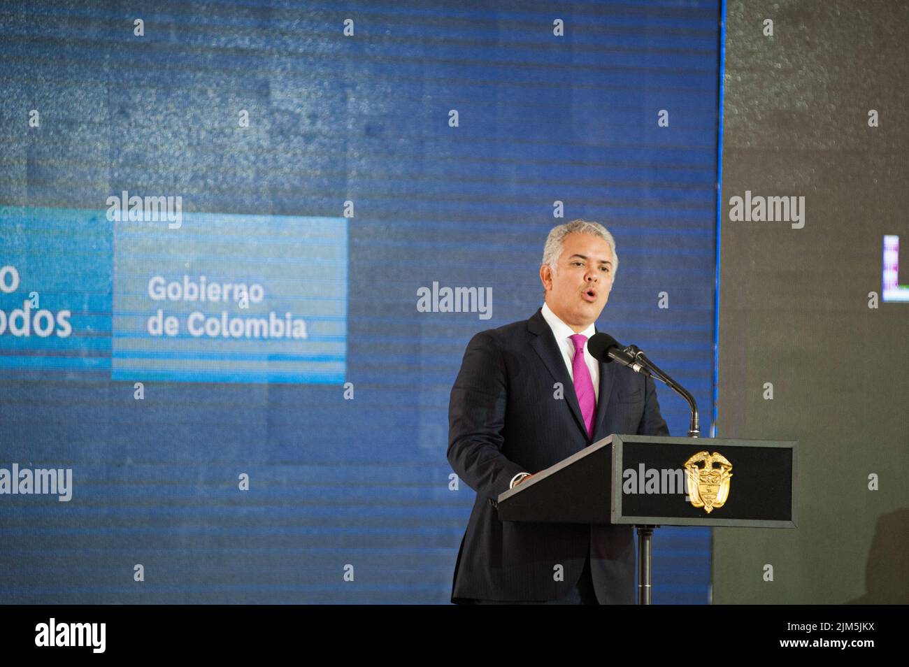 Colombian president Ivan Duque Marquez gives a speech during a finance cooperation between Colombian Government and the government of Bogota for the d Stock Photo