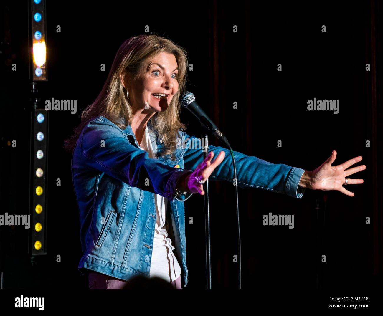 Edinburgh, Scotland, United Kingdom, 4th August 2022. Edinburgh Festival Fringe: The Stand Comedy Club presents a showcase of the comedic talent on offer at this year's Fringe at the New Town Theatre. Pictured: Jo Caulfield who acted as compere.  Credit: Sally Anderson/Alamy Live News Stock Photo