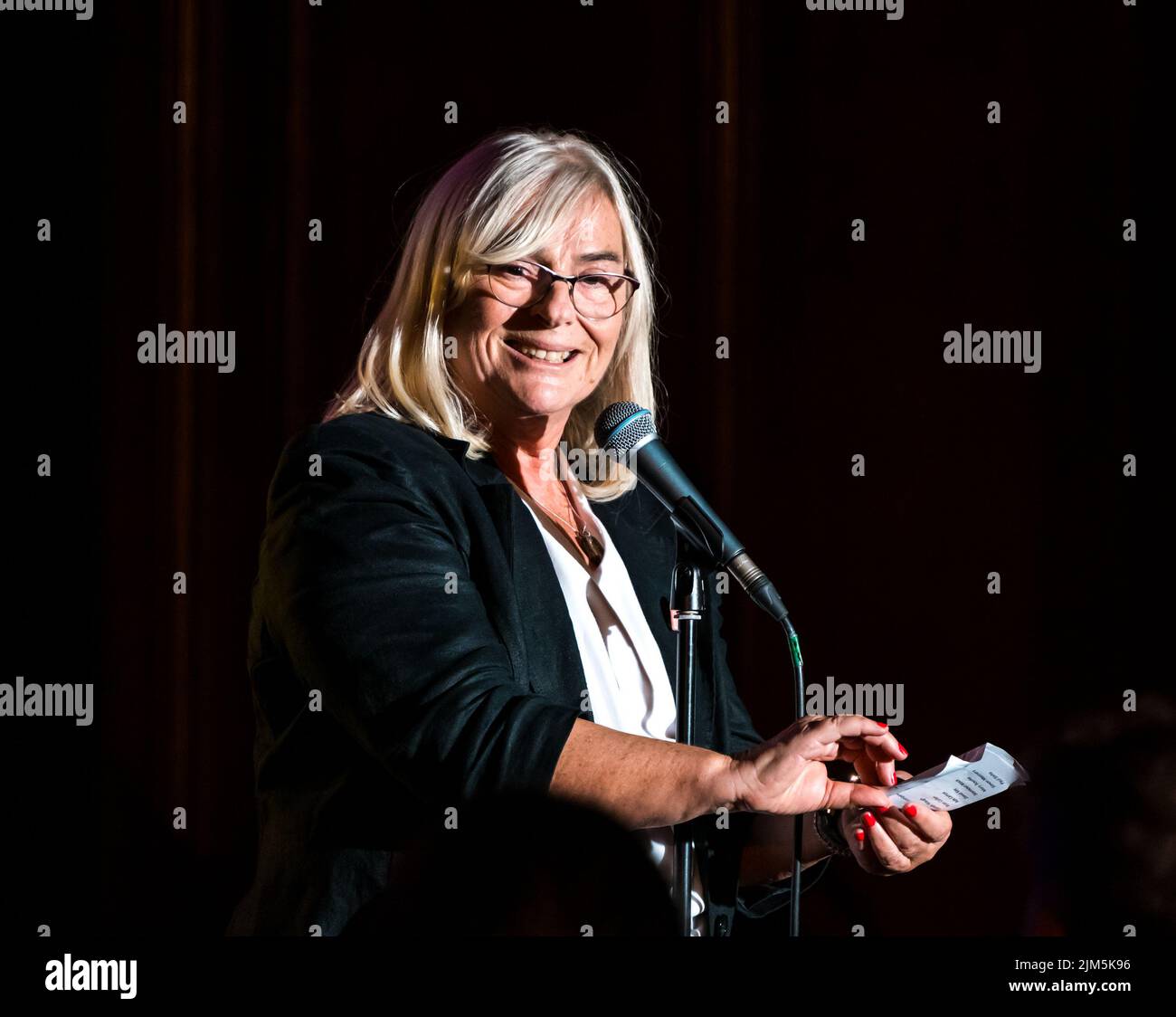 Edinburgh, Scotland, United Kingdom, 4th August 2022. Edinburgh Festival Fringe: The Stand Comedy Club presents a showcase of the comedic talent on offer at this year's Fringe at the New Town Theatre. Pictured: Susan Morrison who acted as compere. Credit: Sally Anderson/Alamy Live News Stock Photo