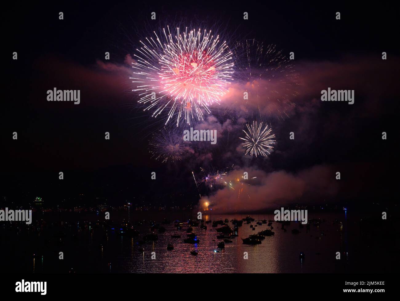 Summer Fireworks Over English Bay Vancouver. Summer fireworks display over English Bay, Vancouver, BC. Stock Photo