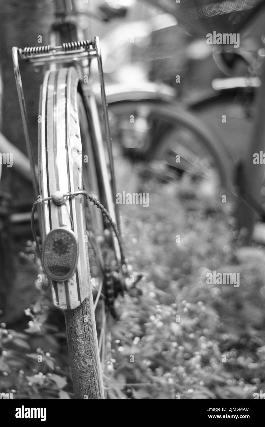 A vertical shot of a metal mudguard on an old bicycle in greyscale Stock Photo