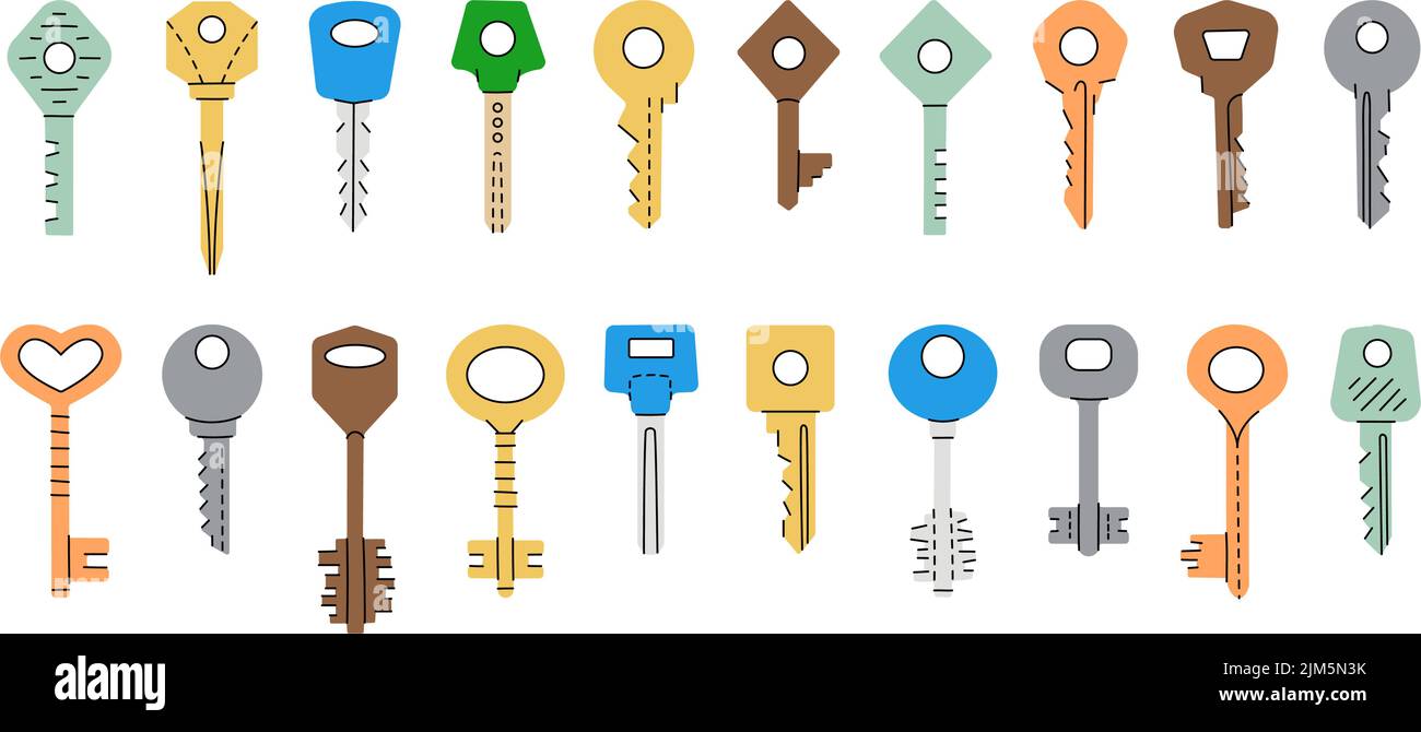Set of house keys silhouettes. Different types hand drawn colored house ...