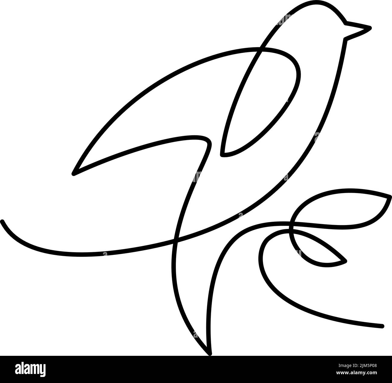 Bird sitting on branch leaves logo. Continuous one line drawing. Vector icon template monoline Stock Vector