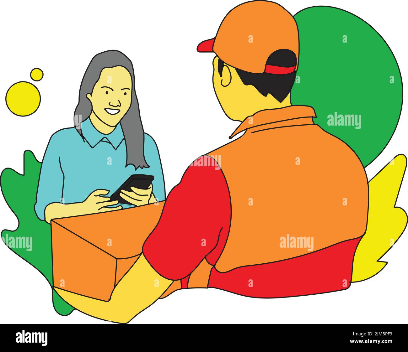 A vector illustration of courier delivering a package to a female Stock ...