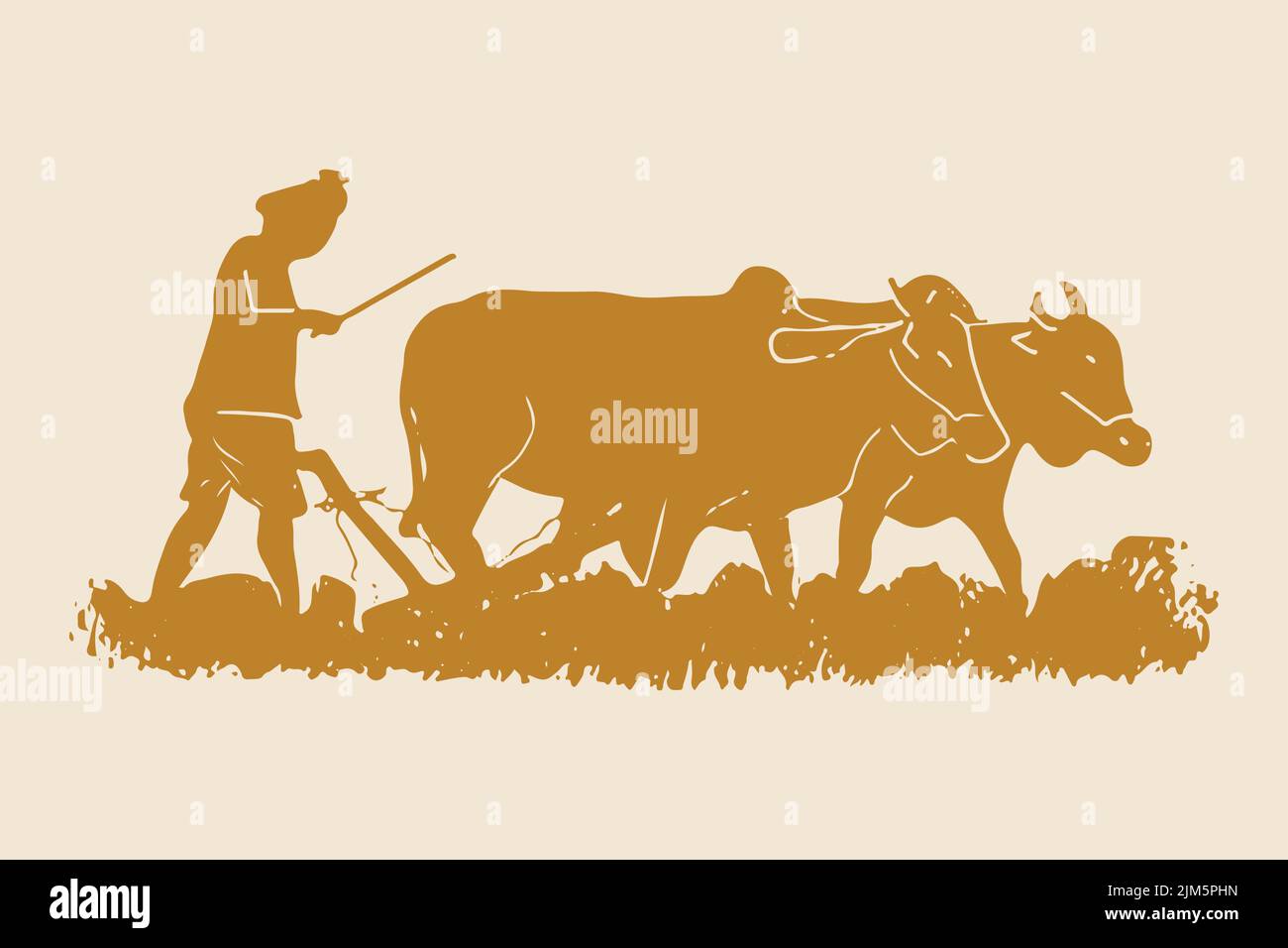 An illustration of a plowman and reaper with bulls on the orange