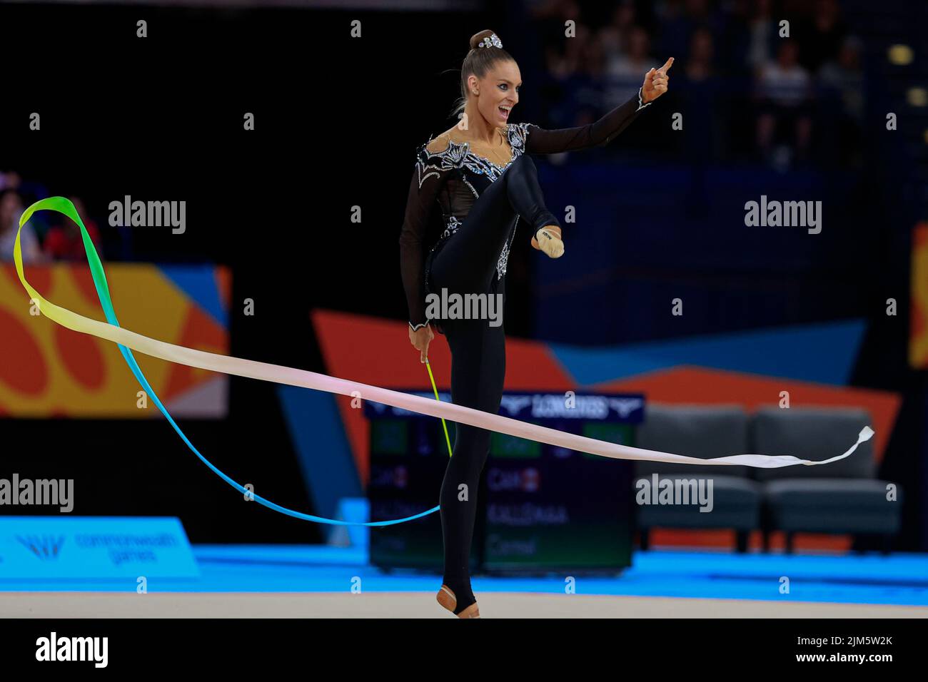 Birmingham, UK. 04th Aug, 2022. Carmel Kallemaa of Canada performs her ribbon routine in Birmingham, United Kingdom on 8/4/2022. (Photo by Conor Molloy/News Images/Sipa USA) Credit: Sipa USA/Alamy Live News Stock Photo