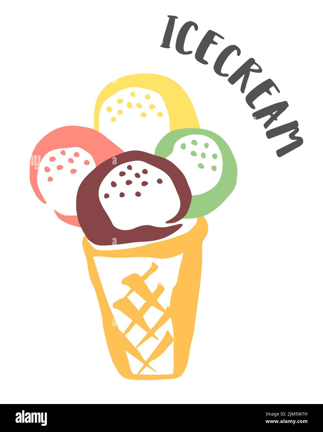 Ice Cream in a waffle cone drawing hand painted with ink brush isolated