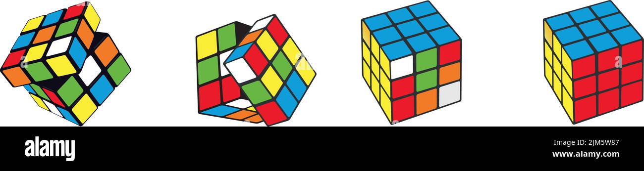 A line of 3D Rubik's cube solution stages with a white background Stock Vector