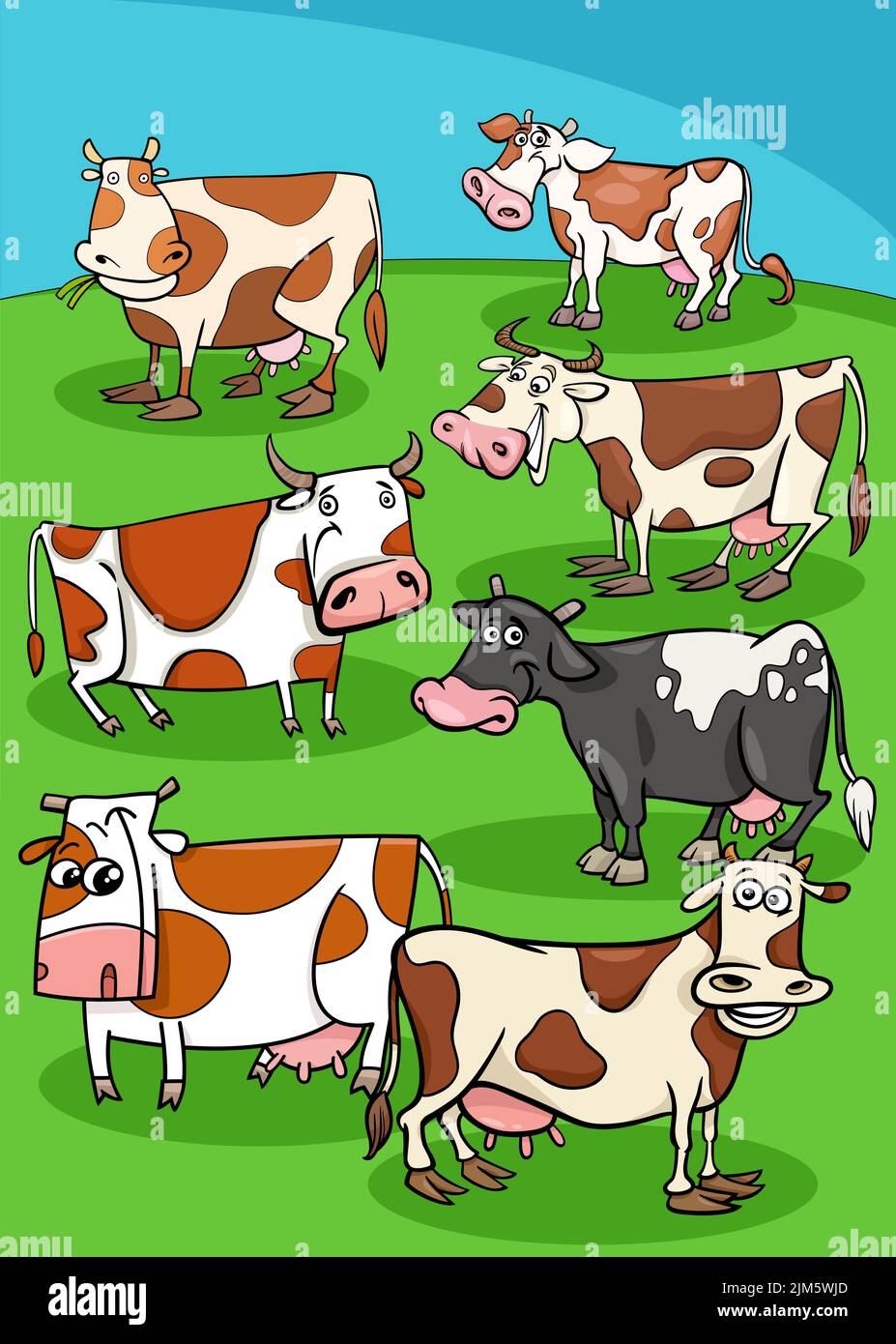 Cartoon illustration of cows farm animal characters in the meadow Stock Vector