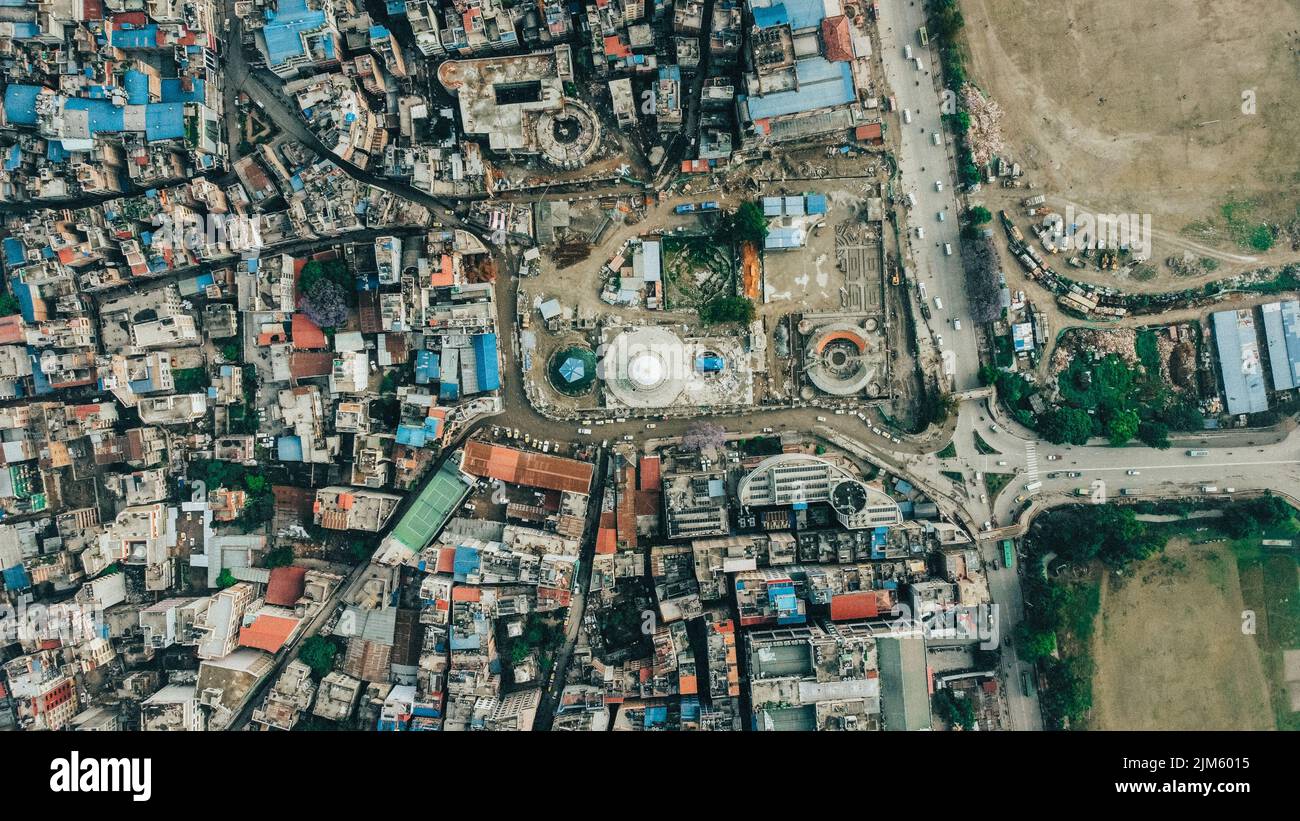 An aerial view of the Dharahara Tower in the center of Sundhara in